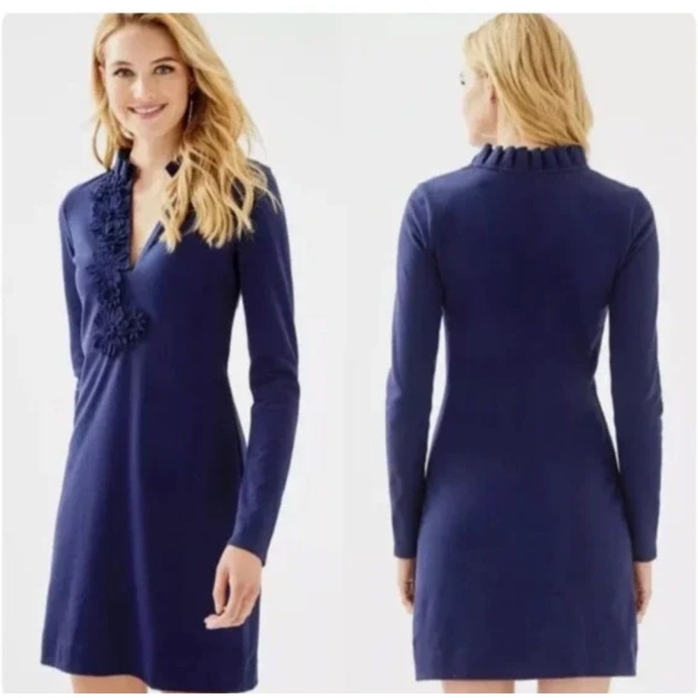 Lilly Pulitzer Clary Polo Dress True Navy Floral Applique Long Sleeve Size L NEW
